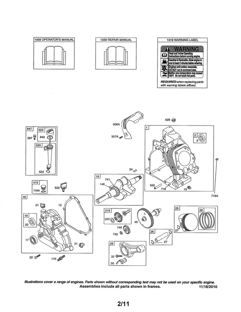 Cylinder/Crankshaft/Crankcase Diagram and Parts List for 216300 0036-0570 Briggs and Stratton Engine